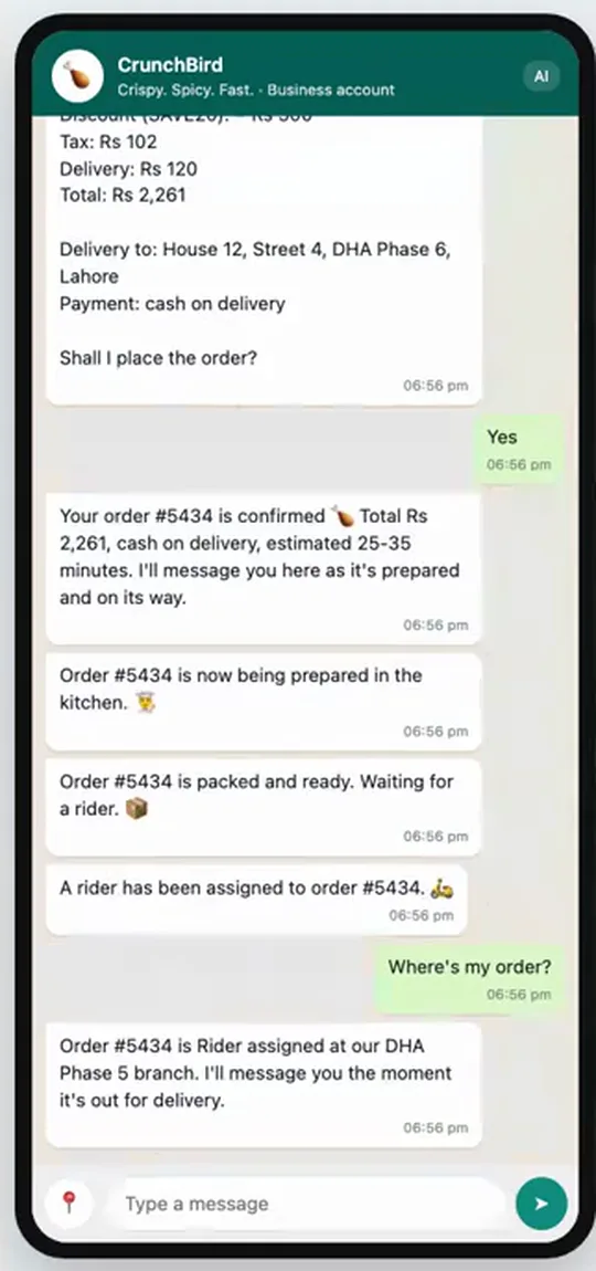 WhatsApp AI agent built by Kodevengers taking and tracking a customer order